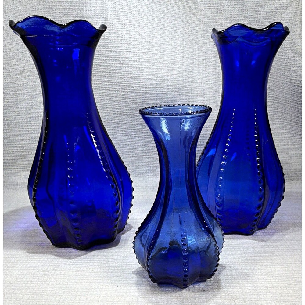 Vintage Indiana Glass Cobalt Blue Beaded Rib Bud Vase Trio Lot 7" & 4.75"